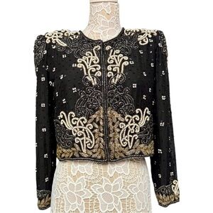 Vintage Night Vogue Black Beaded Embellished Cropped Silk Jacket Size Medium